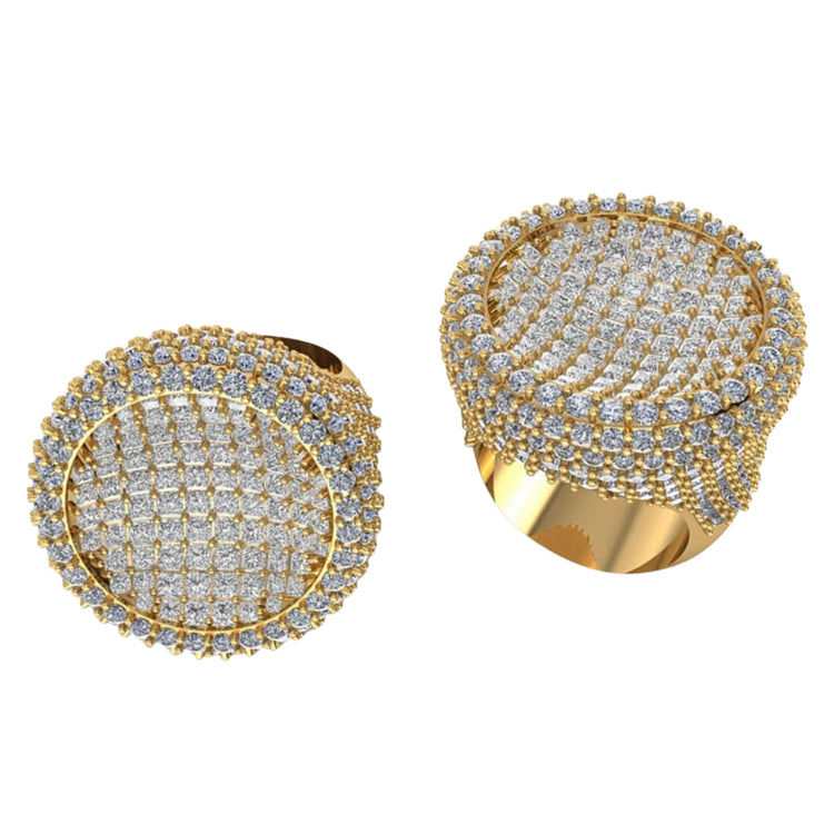 Two Round Pavé Diamond Rings – 14.11 CT Gold Design – with large, round faces and rows of sparkling diamonds are displayed from various angles on a white background, highlighting their luxurious texture.