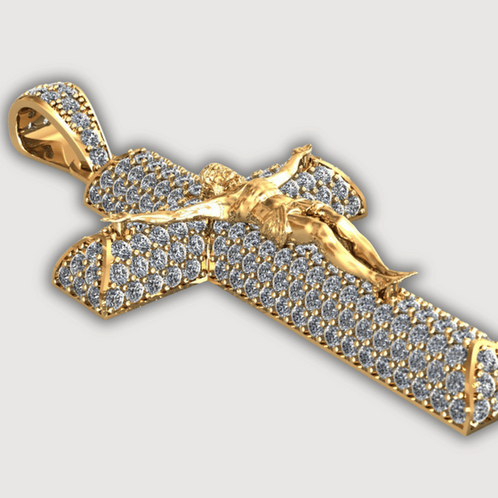 14K Gold Diamond Crucifix Pendant with detailed craftsmanship and sparkling diamonds on a cross design.