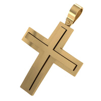 The 14k Gold Sleek Rectangular Cross Pendant features beveled edges and a hollow inner cross design, displayed on a white background. This minimalist piece offers timeless elegance and style.
