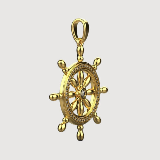 14k Gold Nautical Ship Wheel PendantCelebrate adventure with the 14K Gold Nautical Ship Wheel Pendant. Features intricate detailing in radiant 14K gold for a timeless and nautical-inspired look.