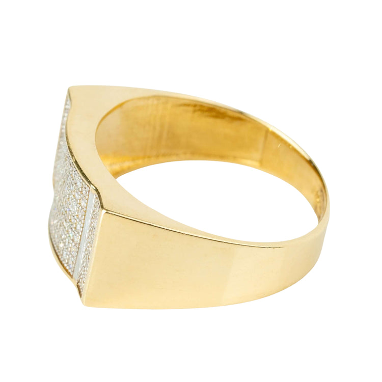 The Square Gold Ring, crafted from 14K gold and featuring a flat, rectangular top set with CZ stones, is displayed from an angled side view against a white background.