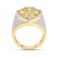 The 10k Gold 7/8 CTTW Diamond Cross Men’s Ring features a wide yellow gold band adorned with sparkling diamonds and a striking cross design at the center.