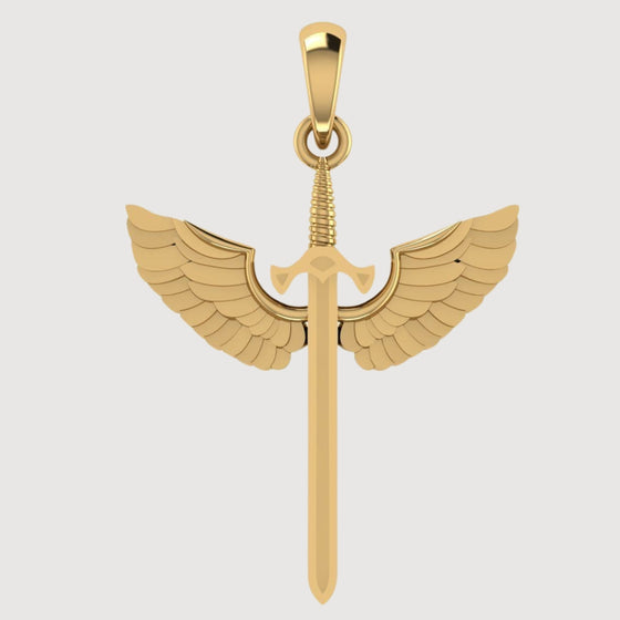 14k Gold Winged Sword PendantCelebrate strength with the 14K Gold Winged Sword Pendant. Features a radiant 14K gold sword design with intricate wings for a powerful and sophisticated look.