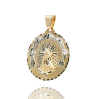 The Circular Caridad Del Cobre, Lady of Charity Pendant in 14k solid yellow gold features a raised Virgin Mary with radiating halo, decorative border, and chain loop. This religious jewelry piece is shown on a white surface.