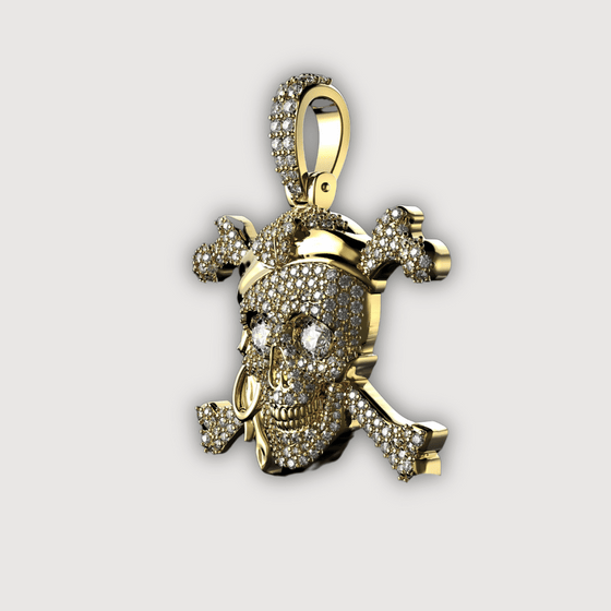 14K Gold Diamond Pirate Skull Pendant with sparkling diamond eyes, showcasing fierce style and luxury craftsmanship.