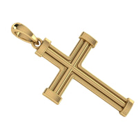 The 14k Gold Barrel Edge Cross Pendant features a polished double-bar design with rounded barrel edges and comes with a matching gold bail for a necklace.