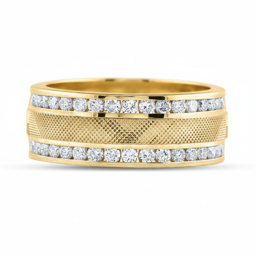 The 14k Yellow Gold Diamond Double Row Wedding Band 1 Cttw features double rows of round diamonds along the edges and a textured gold center for a blend of elegance and sparkle.
