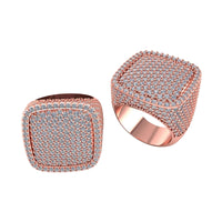Two Iced Cushion Diamond Rings – 6.48 CT Pavé Design in rose gold, each with a square face and pavé-set diamonds on the top and sides, are displayed on a white background.