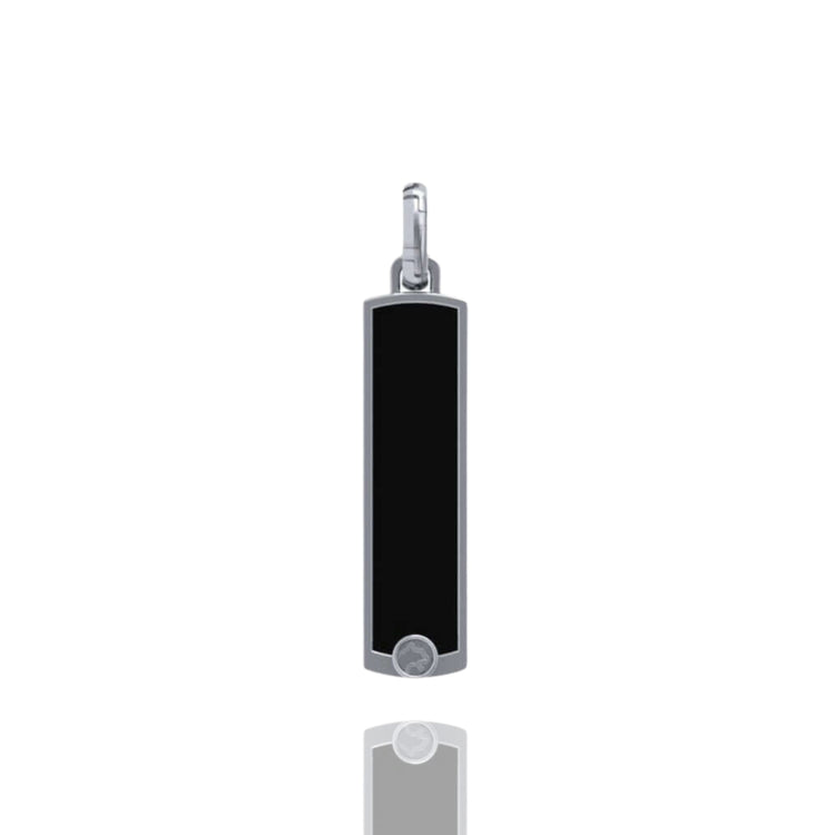 The 14k Gold Black Enamel Tag Pendant features a rectangular design with a glossy black enamel center and a small circular accent at the bottom, displayed against a white background.