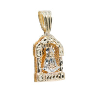 The Lady Charity Caridad Del Cobre Pendant – 10k Solid Gold Men’s Pendant features a textured rectangular gold frame, a central silver Lady Charity figure, and a top loop for attaching to a chain.