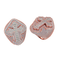 Two ornate rose gold men's rings, each a Cross Diamond Signet Ring – 7.20 CT with baguette and pavé diamonds forming a striking cross on the bold rectangular face—an elegant update to the classic signet style.