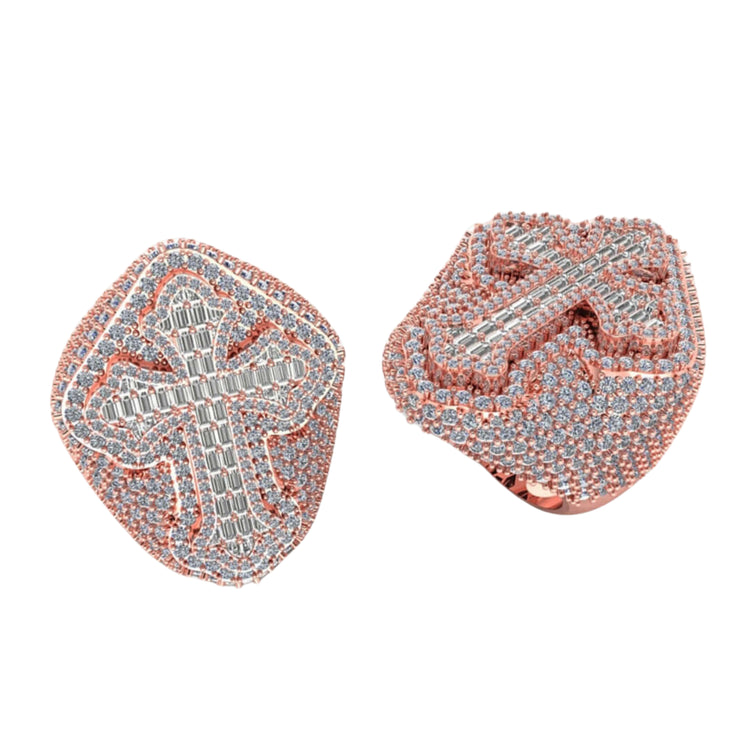 Two ornate rose gold men's rings, each a Cross Diamond Signet Ring – 7.20 CT with baguette and pavé diamonds forming a striking cross on the bold rectangular face—an elegant update to the classic signet style.