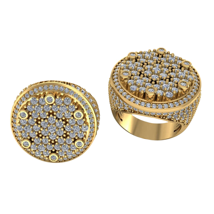 The Round Cluster Diamond Ring – 4.65 CT Gold Design features a wide gold band encrusted with small round diamonds and a raised floral cluster pattern—an intricate, luxurious choice for those seeking a bold men’s gold ring.