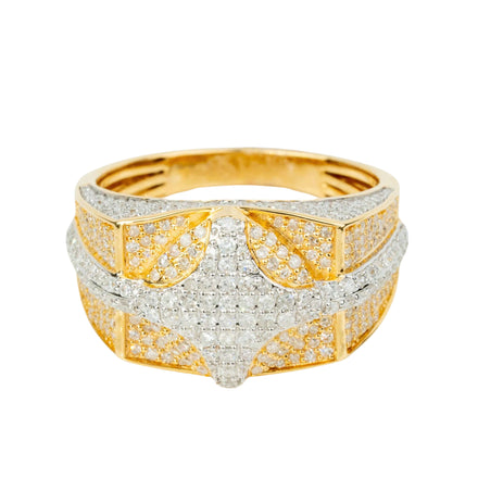 The 1.57 CTW Natural Diamond Cluster Ring in 14k yellow gold features men's styling with an intricate geometric design and numerous sparkling natural diamond clusters on the band and center.