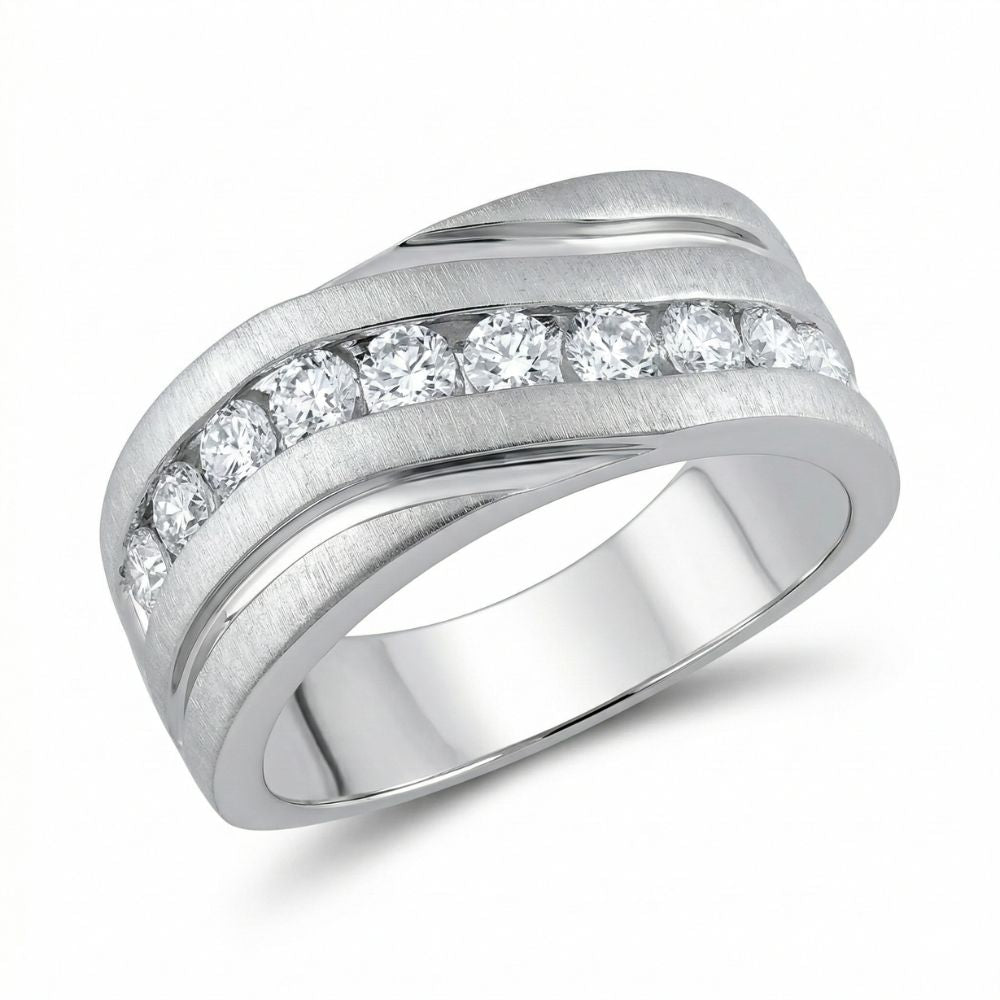 The 10k Gold Diamond Wedding Band Ring 1 Cttw showcases a row of nine round diamonds and two sleek side grooves, offering a modern, elegant look as a standout wedding band.