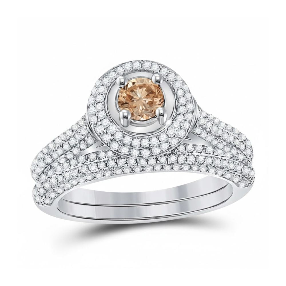 The 14k Yellow Gold Brown Diamond Bridal Engagement Ring Set features a round brown diamond center, two halos of clear stones, and accent stones along the split shank band for timeless elegance.