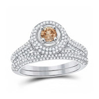 The 14k Yellow Gold Brown Diamond Bridal Engagement Ring Set features a round brown diamond center, two halos of clear stones, and accent stones along the split shank band for timeless elegance.