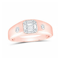 The 10k Gold Baguette Diamond Band Ring 3/8 Cttw features a rose gold band with a central cluster of baguette and round diamonds, plus an additional round diamond on each side for extra sparkle.