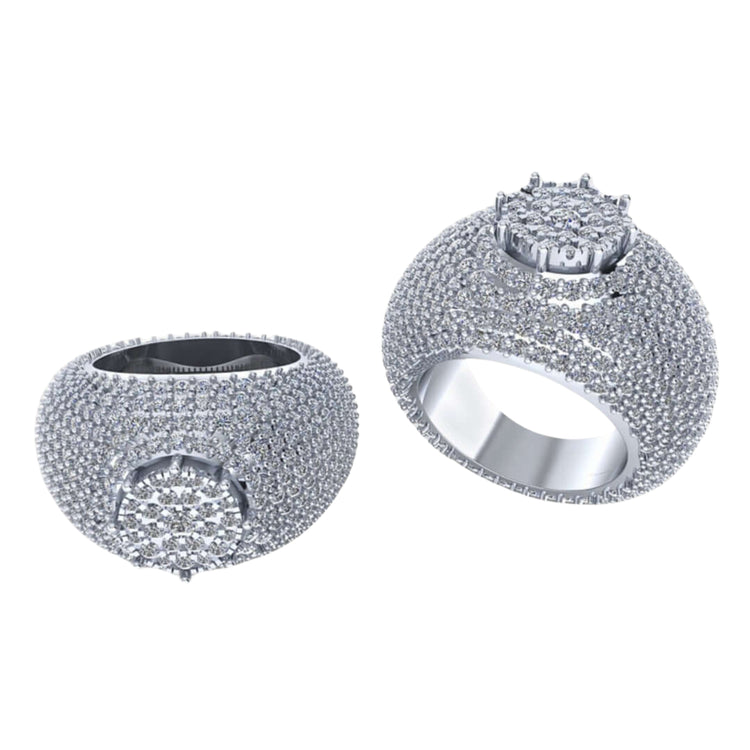 The Domed Pavé Diamond Ring – 5.84 CT Gold Design features a rounded, dome-like shape with sparkling lab-grown diamonds and a striking cluster of larger stones on top for a luxurious look.