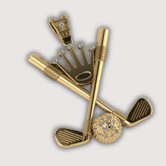 14K gold golf diamond pendant with crossed clubs and sparkling golf ball, symbolizing luxury and elegance for the modern golfer.