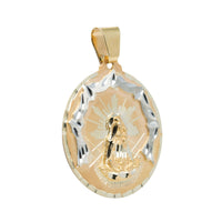 The Lady Charity Round Ornamental Pendant for men is crafted in 10K solid gold, featuring a religious figure at the center with decorative rays, a textured border, and a loop for attaching to a necklace.