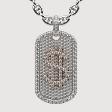  14K diamond dollar sign dog tag pendant featuring a bold design with sparkling diamonds and a radiant gold finish.