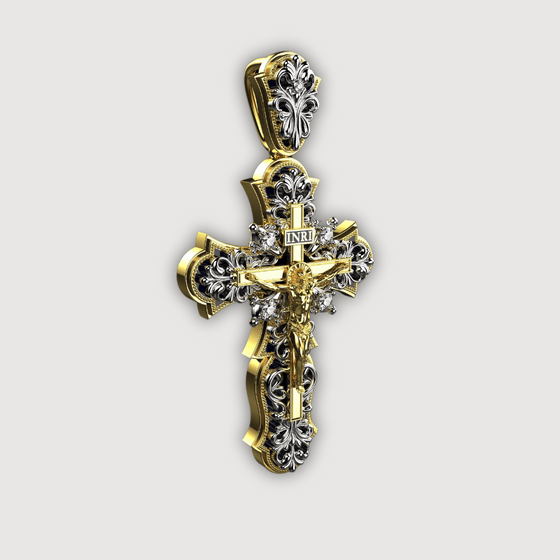 14K Yellow Gold Fancy Diamond Jesus Cross Pendant with intricate design and shimmering diamonds, showcasing luxury and faith.