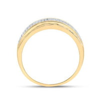 A side view of the 10K Yellow Gold Diamond Band Ring 1/3 Cttw showcases its slim yellow gold band with a row of sparkling diamonds along the top edge, all set against a plain white background.