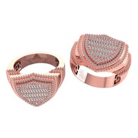 Two Shield Diamond Ring – 1.13 CT Baguette Design in rose gold, both upright and flat, showcase the sparkling band and top shield shape—a bold men’s ring with striking baguette-set diamonds.