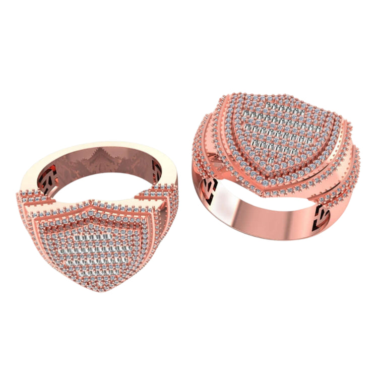 Two Shield Diamond Ring – 1.13 CT Baguette Design in rose gold, both upright and flat, showcase the sparkling band and top shield shape—a bold men’s ring with striking baguette-set diamonds.