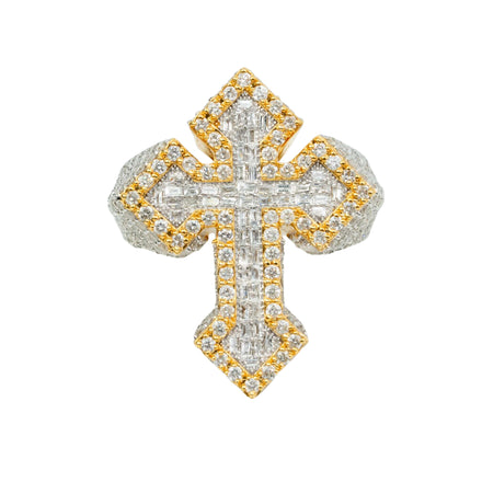 The 4.12 CTW Cross Cluster Diamond Ring in 14K Gold features a bold gold cross outline, with diamonds densely set inside and along the edges for a sparkling, ornate look.