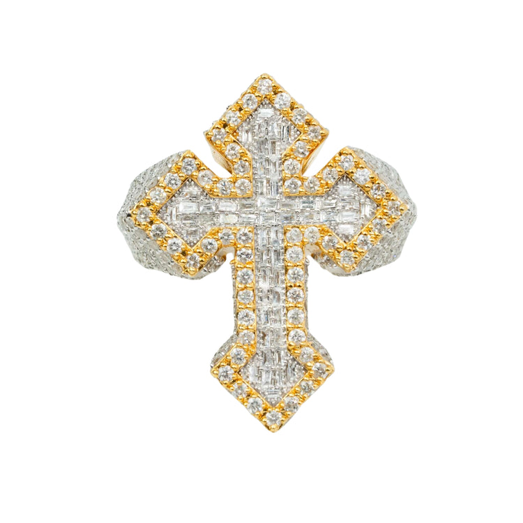 The 4.12 CTW Cross Cluster Diamond Ring in 14K Gold features a bold gold cross outline, with diamonds densely set inside and along the edges for a sparkling, ornate look.