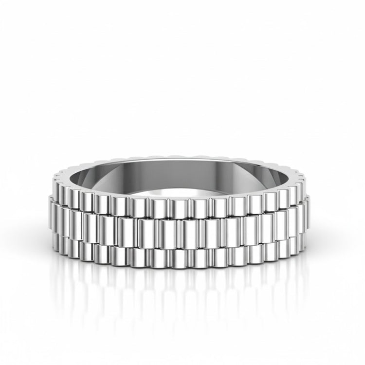 A 14k gold men's link-inspired band ring with a geometric, rectangular design is shown against a white background, its surface reflecting slightly below.