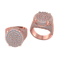 Two Round Pavé Diamond Rings – 4.58 CT Gold Design, for men, with bold circular faces covered in pavé-set white stones are shown from top and angled side views on a white background.