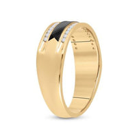 The 14k Yellow Gold Black Tone Diamond Wedding Band 1/4 Cttw showcases a diagonal black stripe and two parallel rows of round white diamonds set on either side, creating a striking and elegant design.