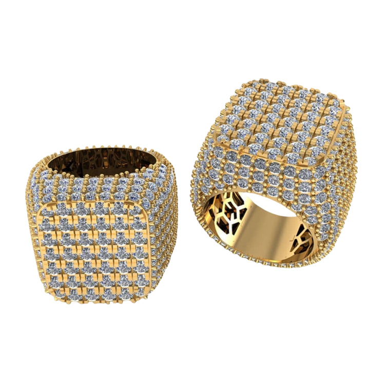 Two Square Pavé Diamond Ring – 18 CT Gold Statement pieces, featuring rows of pavé diamonds, sparkle brilliantly and are displayed from different angles on a white background.
