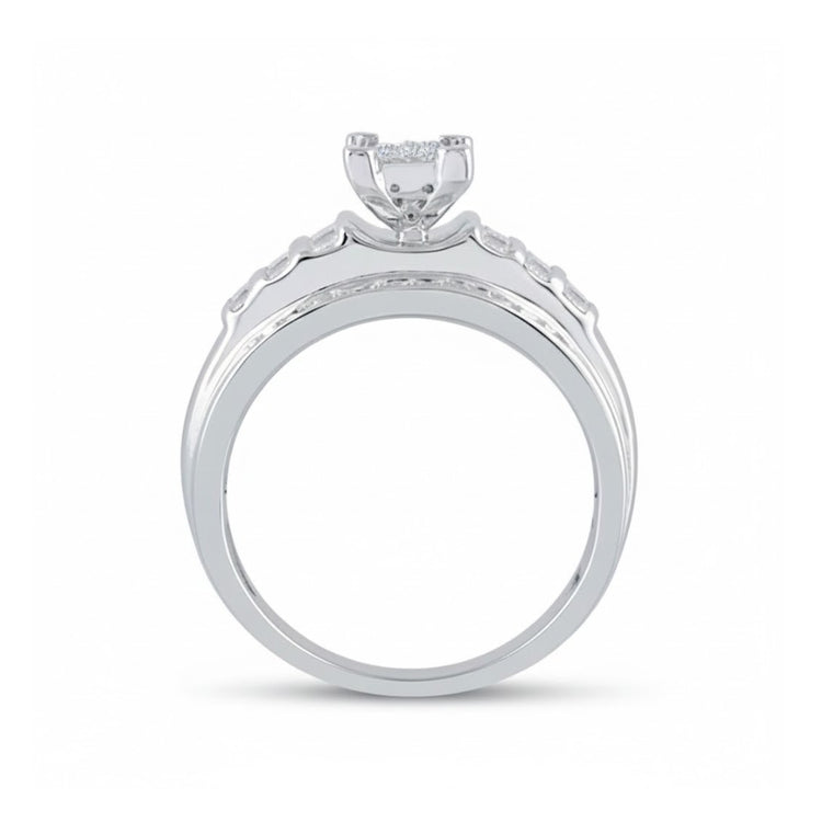 A side view of the Sterling Silver Diamond Cluster Bridal Engagement Ring, featuring a raised central diamond and smaller diamonds along the band, shown against a plain white background.