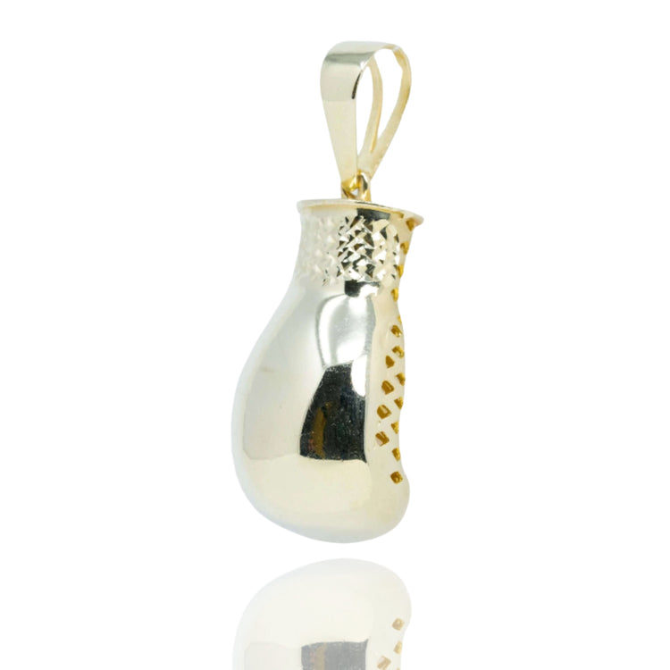 Showcased against a white background, the Boxing Glove Pendant - 10k Gold features shiny gold with textured accents at the wrist and thumb—an ideal addition to any Boxing Jewelry collection.
