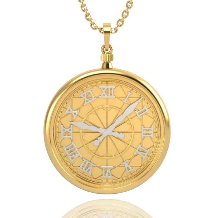 The 14k Gold Pocket Watch Pendant features Roman numerals on a chain, offering vintage appeal as a timeless gold pendant.