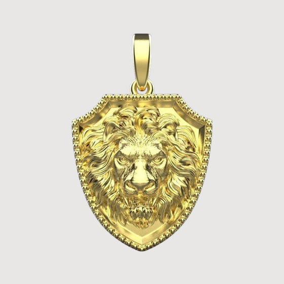 14k Gold Lion Shield PendantShowcase strength with the 14K Gold Lion Shield Pendant. Features a detailed lion emblem on a shield design in radiant 14K gold for a bold and sophisticated look.