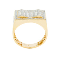 The 0.73 CTW Natural Diamond Cluster Ring in 14K yellow gold for men features a wide, rectangular top adorned with rows of natural diamonds, forming a striking wavy, three-dimensional cluster pattern.