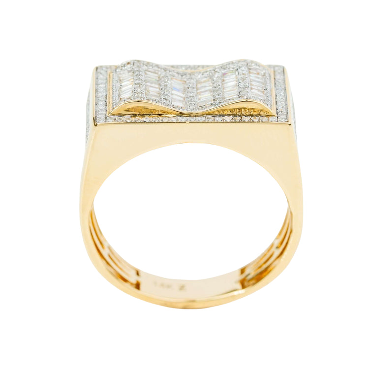The 0.73 CTW Natural Diamond Cluster Ring in 14K yellow gold for men features a wide, rectangular top adorned with rows of natural diamonds, forming a striking wavy, three-dimensional cluster pattern.