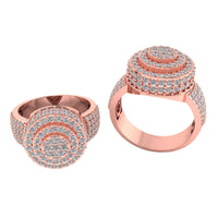 Two Layered Round Diamond Rings – 2.33 CT Gold Design in rose gold, featuring multi-tiered round tops encrusted with small white diamonds, are shown from different angles on a white background.