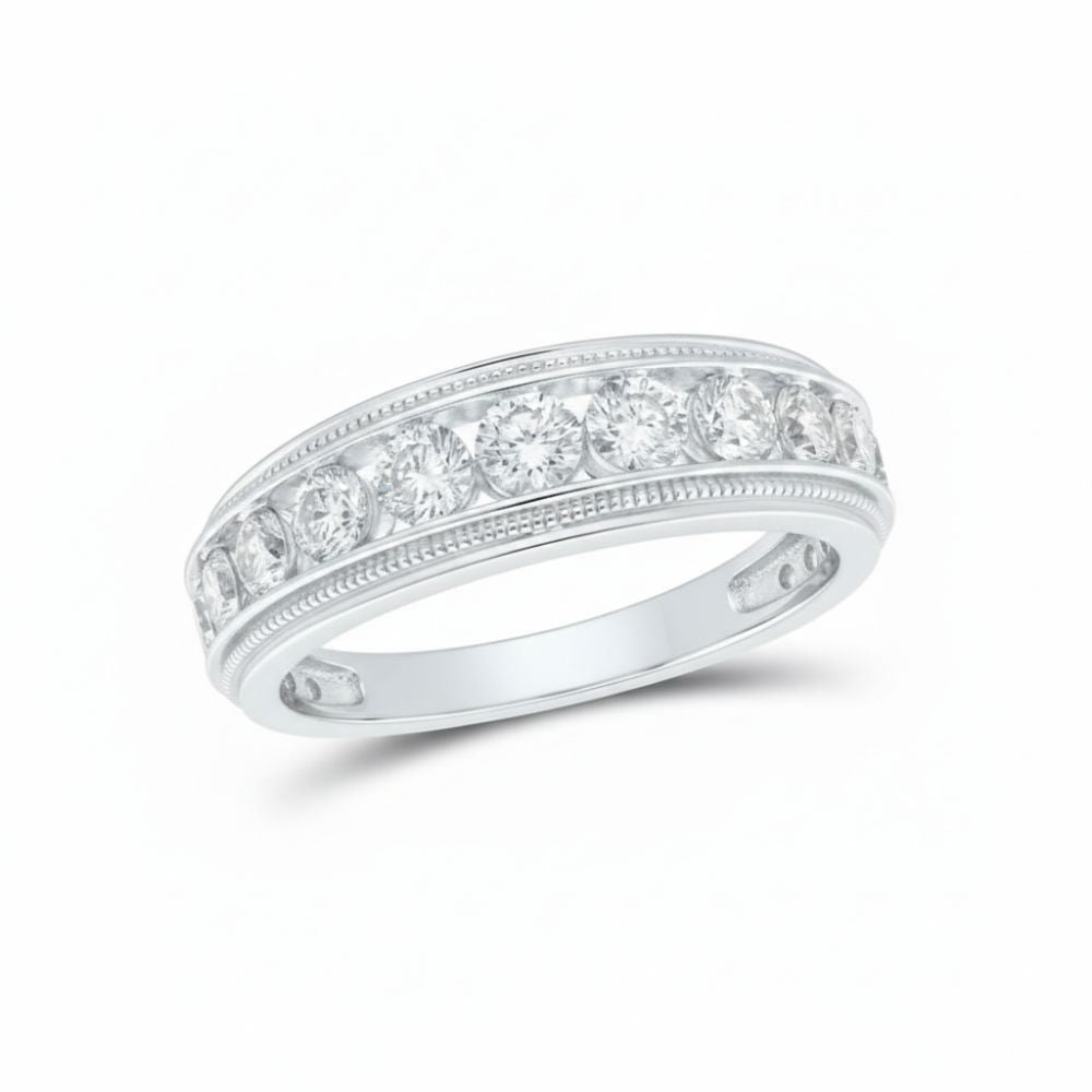 A 10k gold round diamond band ring with a row of sparkling diamonds, totaling 2 CTTW, each set in a bezel setting and displayed on a white background.