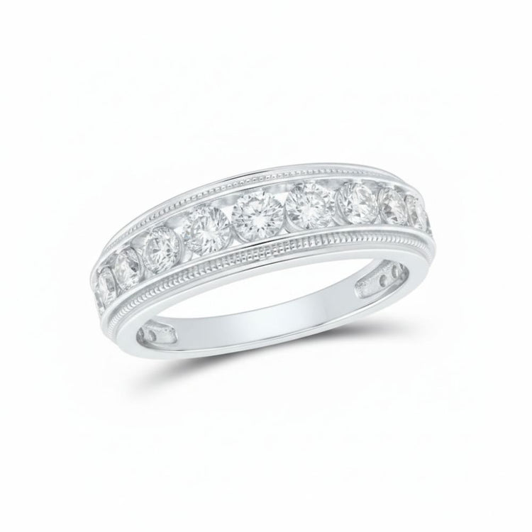 A 10k gold round diamond band ring with a row of sparkling diamonds, totaling 2 CTTW, each set in a bezel setting and displayed on a white background.