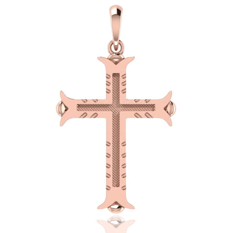 The 14k Gold Ornate Cross Pendant showcases textured inner details and engraved edges, complemented by a smooth bail for easy chain attachment—a timeless blend of elegance and classic religious symbolism.