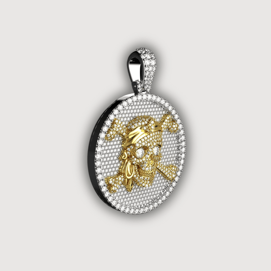 Diamond-encrusted skull pirate pendant in 14K gold, showcasing luxury craftsmanship and edgy design with urban appeal.