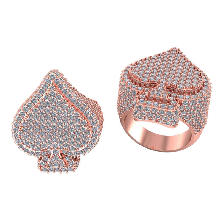 The Ace of Spades Diamond Ring – 6.08 CT Pavé Elegance features rose gold, spade-shaped designs encrusted with sparkling diamonds, shown from various angles against a white background—a bold choice for men’s diamond rings.