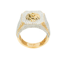 The 2.43 CTW Cluster Lion Diamond Ring in 14K gold features a square diamond-encrusted top and a bold raised lion head centerpiece. The men's ring has “14K” stamped inside the band.