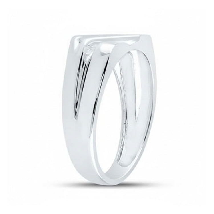 A sleek 10K white gold diamond wedding band (1/8 cttw) with a modern geometric open design and smooth lines, featuring a reflective finish, is shown against a plain white background.